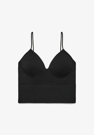 Bralette nero a coste con sottili spalline regolabili, caratterizzato da una forma a coppa triangolare e una fascia elastica liscia nella parte inferiore.