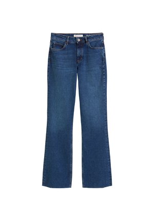 Jeans évasés bleu marine en denim, dotés d'une fermeture à bouton, de passants de ceinture et d'un design à cinq poches. Texture lisse avec un minimum d'effilochage.