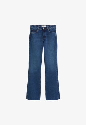Donkerblauwe flare jeans van denim, met een knoopsluiting, riemlussen en een ontwerp met vijf zakken. Soepele textuur met minimale slijtage.