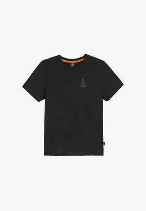 Czarna krótka koszulka z okrągłym dekoltem i krótkim rękawem, z małym szarym logiem Dakar na piersi oraz metką marki na lewej szwie side.