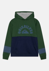 Zelená a námořnická mikina s kapucí, která má přední kapsu, šedý interiér a logo Quiksilver na hrudi s modrými akcenty.