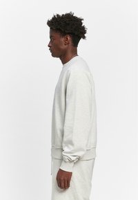 Hellgrauer Sweatshirt aus einem Baumwollgemisch. Verfügt über lange Ärmel, gerippte Bündchen und ein klassisches Rundhalsausschnitt-Design. Glatte Textur.