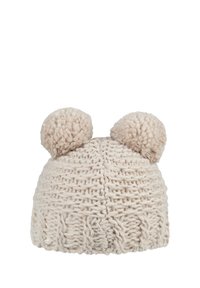Knitted cream hat with two fluffy pom-poms on top. Features a textured pattern and a snug fit, suitable for colder weather.