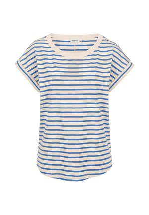 Maglietta a maniche corte con righe orizzontali blu e bianco sporco, collo tondo e maniche con polsino, mostrata distesa su sfondo bianco.