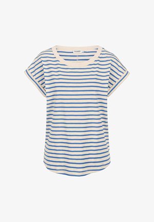 T-shirt à manches courtes avec rayures horizontales bleu et blanc cassé, col rond et manches retroussées, présenté à plat sur fond blanc.