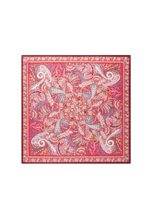 Red paisley patterned scarf with intricate floral designs, featuring a border of small flowers and a smooth texture. Square shape.