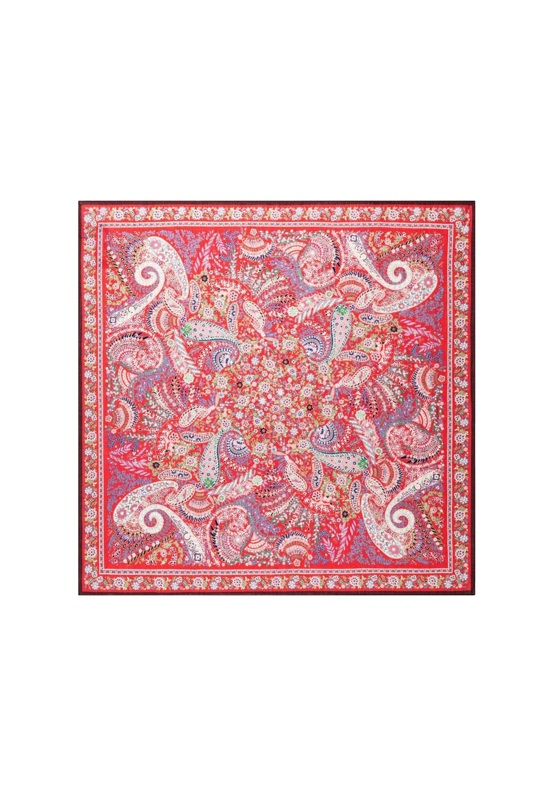 Red paisley patterned scarf with intricate floral designs, featuring a border of small flowers and a smooth texture. Square shape.