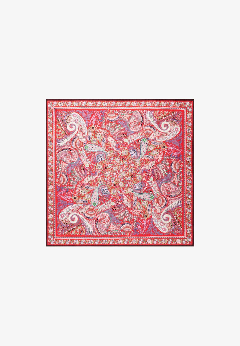 Red paisley patterned scarf with intricate floral designs, featuring a border of small flowers and a smooth texture. Square shape.