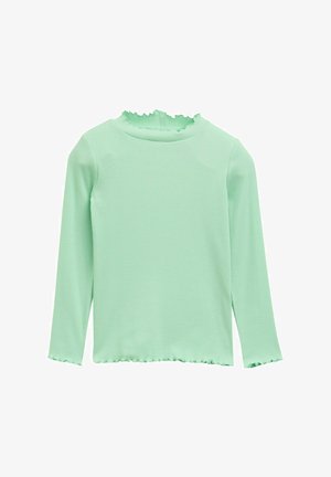 Top de manga larga verde menta con textura acanalada y bordes festoneados en el cuello y el dobladillo. Diseño simple y ajustado.