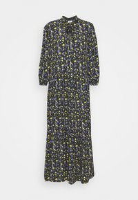 Blommig maxiklänning med svart bakgrund, med gula och lila prästkragar, långa ärmar och en krage med en knyt-detalj.