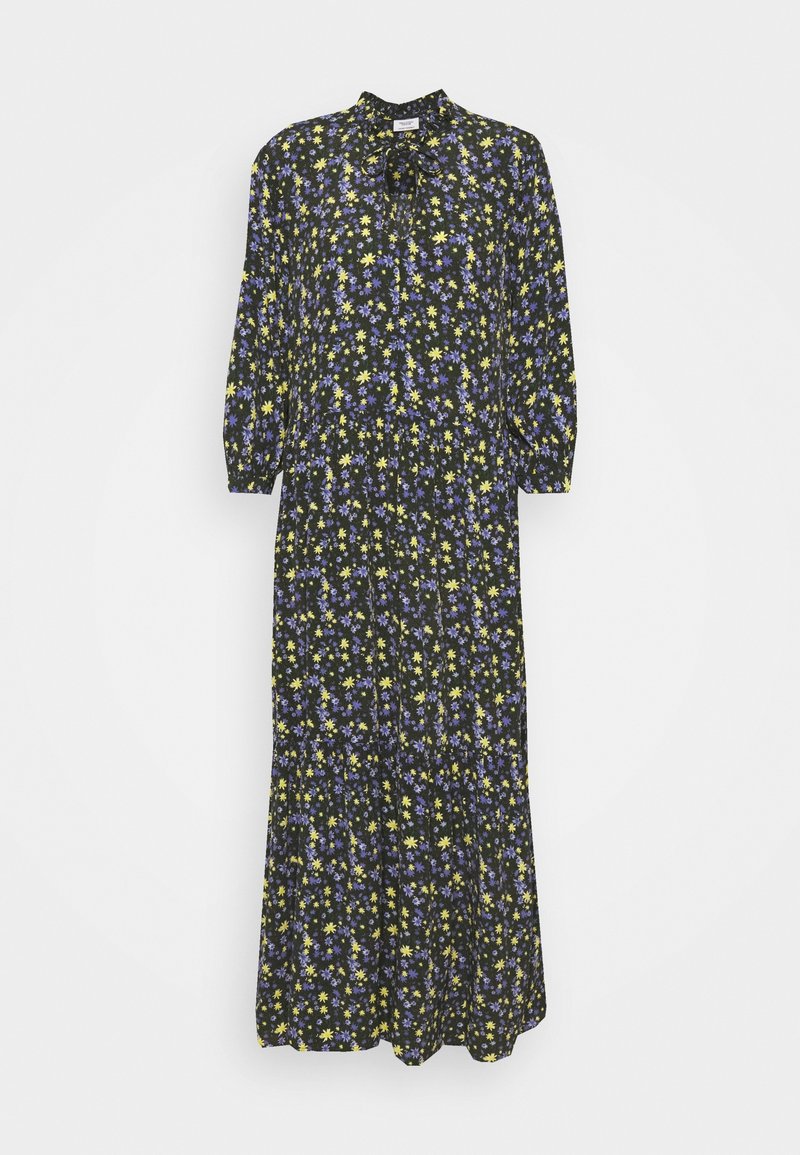 Blommig maxiklänning med svart bakgrund, med gula och lila prästkragar, långa ärmar och en krage med en knyt-detalj.