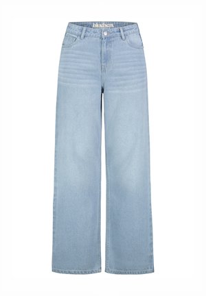 Light blue wide-leg jeans with front pockets, belt loops, button closure, and subtle fading on the upper thighs.