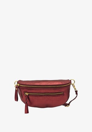 Sac banane en cuir métallique rouge avec deux compartiments zippés et un accent en métal doré. Texture lisse et forme arrondie.