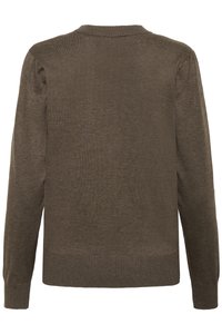 Pull en tricot long à manches marron avec des poignets côtelés, un ourlet, et un col ras du cou, vu de dos sur fond blanc.