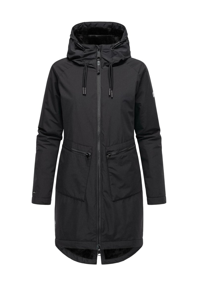 Czarna wodoodporna parka z kapturem, zamkiem z przodu, dwoma przednimi kieszeniami i miękką podszewką. Zaprojektowana o wydłużonej długości i gładkiej teksturze.