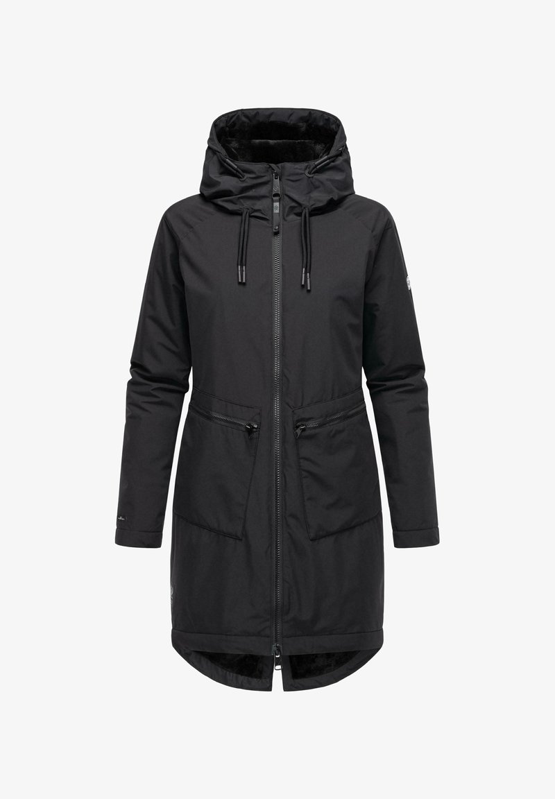 Parka neagră, impermeabilă, cu glugă, fermoar frontal, două buzunare frontale și o căptușeală interioară moale. Proiectată cu o lungime mai mare și o textură netedă.