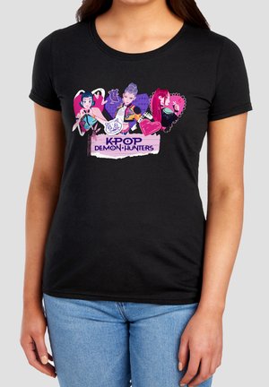 Black t-shirt with colorful anime-style characters and hearts, and text "KPOP DEMON HUNTERS" on the front.