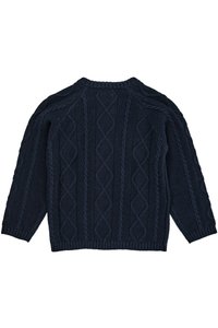 Maglione lavorato a maglia blu navy con motivo a treccia, maniche raglan lunghe e orlo a coste. Il tessuto testurizzato presenta disegni tridimensionali.