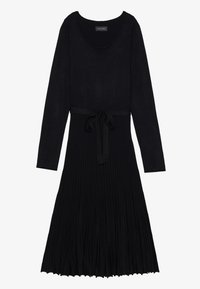 Schwarzes langärmeliges Kleid mit Rundhalsausschnitt, gerippter Textur und Krawatte in der Taille, das in einen plissierten Rock übergeht.