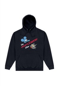 Felpa nera con cappuccio e tasca frontale che presenta un'immagine grafica di un topo blu e un gatto grigio. Il testo recita "The ITCHY & SCRATCHY Show" in rosso e bianco.