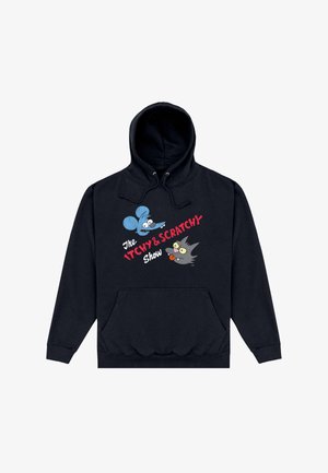 Felpa nera con cappuccio e tasca frontale che presenta un'immagine grafica di un topo blu e un gatto grigio. Il testo recita "The ITCHY & SCRATCHY Show" in rosso e bianco.