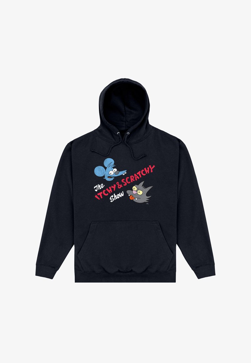 Felpa nera con cappuccio e tasca frontale che presenta un'immagine grafica di un topo blu e un gatto grigio. Il testo recita "The ITCHY & SCRATCHY Show" in rosso e bianco.