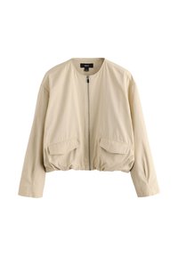 Beige cropped jasje met een ronde halslijn, voorrits, twee voorzakken en lange mouwen. Glad, lichtgewicht materiaal met een minimale textuur.