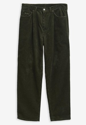 Calças de veludo cotelê verde-oliva com um design de perna reta, apresentando um padrão texturizado, bolsos frontais e um fecho de botão único.