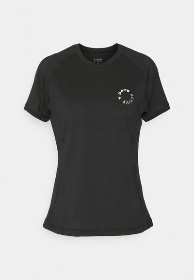 Black athletic t-shirt with short sleeves, mesh texture, rounded neckline, featuring a white circular logo with "7 DAYS ACTIVE."