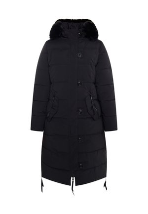 Abrigo acolchado negro con capucha de piel sintética desmontable, cierre de botones, puños elásticos y dos bolsillos laterales con cremallera. Diseño ligeramente ajustado.