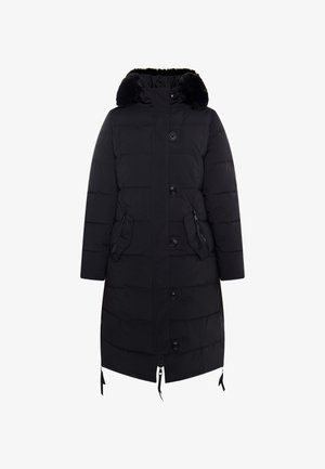 Abrigo acolchado negro con capucha de piel sintética desmontable, cierre de botones, puños elásticos y dos bolsillos laterales con cremallera. Diseño ligeramente ajustado.