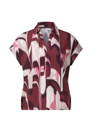 Blouse à manches courtes avec col en V et col, motif abstrait de coups de pinceau bordeaux, rose et blanc, ourlet élastiqué.