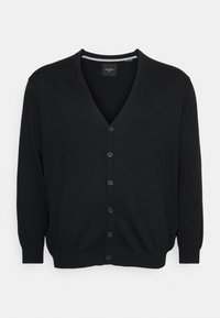 Svart cardigan gjord av mjukt tyg, med V-ringning, långa ärmar, framknappar och en avslappnad passform. Inga mönster eller utsmyckningar.