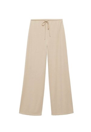 Beige wide-leg trousers with a drawstring waist, made of soft fabric. Features smooth texture and full-length design.