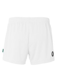 Witte sportshorts gemaakt van gestructureerde stof. Voorzien van een elastische tailleband en een zwart logo aan de onderkant aan de linkerkant. Geen zakken.
