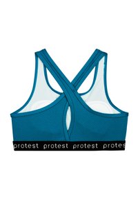 Mėlynas sportinis liemenukas su šešiakampiu tekstūruotu dizainu, kryžminiais petnešomis ir juoda juostele su baltais užrašais "protestas" kaip prekės ženklu.