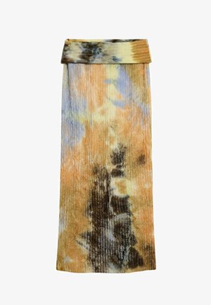 Plisseret maxinederdel i blødt, letvægtsstof med en blanding af orange, brune og blå nuancer, forsynet med elastik i taljen og tekstureret overflade.