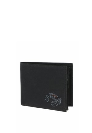 Portefeuille noir bi-fold avec un petit dessin de crabe en contour avec des points orange dans le coin inférieur droit.
