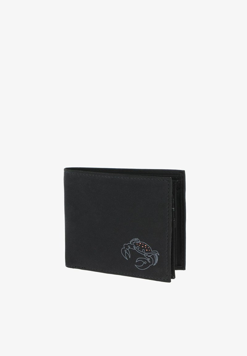 Portefeuille noir bi-fold avec un petit dessin de crabe en contour avec des points orange dans le coin inférieur droit.