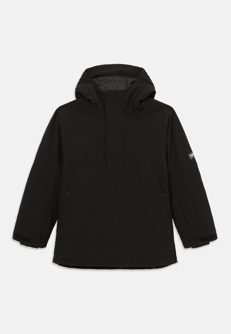 Svart vanntett jakke med hette, har høy krage, kengurulomme og justerbare mansjetter. Glatt tekstur, minimale sømmer og sporty design.