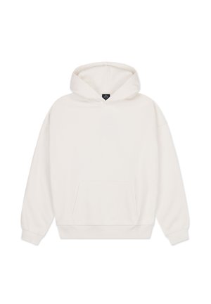 Hvid hoodie lavet af blødt stof, har en stor lomme foran, en hætte med snøre og ribbede manchetter. Enkel, udekoreret design.