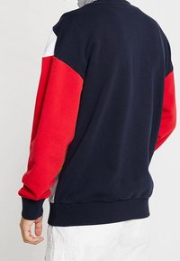 Mørkeblåt sweatshirt med røde, hvide og grå paneler. Har ribbede manchetter og søm, blød tekstur og en afslappet pasform.