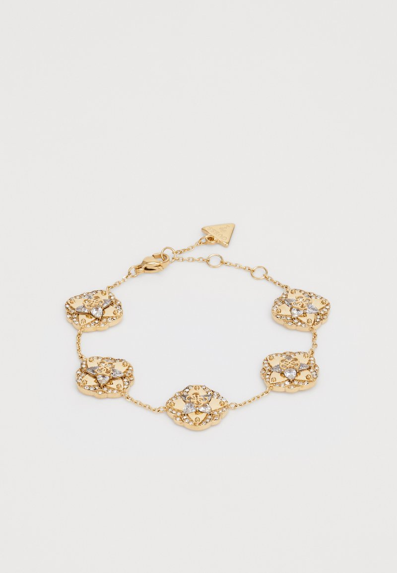 Gouden armband met prachtige bloemen-vormige schakels versierd met heldere kristallen, verbonden door kettingsegmenten. Inclusief een veilige sluiting en logo-tag.