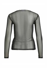 Top negro de manga larga y corte transparente, con un patrón de rayas verticales y sutiles acentos metálicos. Silueta ajustada con escote redondo y sin cierres.