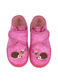 Rosa Stoffschuhe mit einer weicheren Textur, verziert mit gestickten Igeln und Bienen. Sicherer Verschluss mit Glitzerelementen. Abgerundete Form.