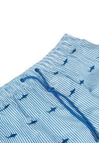 Costume da bagno a righe blu e bianche con motivi di squali ricamati. Presenta un elastico in vita con coulisse e un tessuto leggero.