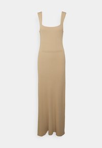 Beige geripptes Maxikleid mit einem quadratischen Ausschnitt und breiten Trägern, das einen taillierten Oberteil hat, das sich am Saum leicht ausstellt.