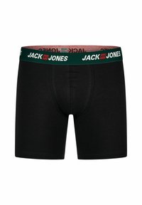 Zwarte boxershorts van katoen, met een groene tailleband waarop herhalend de witte tekst "JACK & JONES" staat. Eenvoudig ontwerp, aangesloten pasvorm.