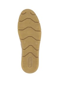 Rubber shoe sole with a wavy tread pattern, featuring grooves for traction. Color is light brown with subtle textural lines and branding.