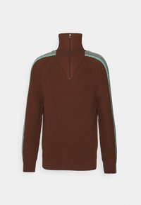 Brun stickad tröja med hög krage, halvvipp och ljusblå och grå ränder som går från axlarna ner längs ärmarna.